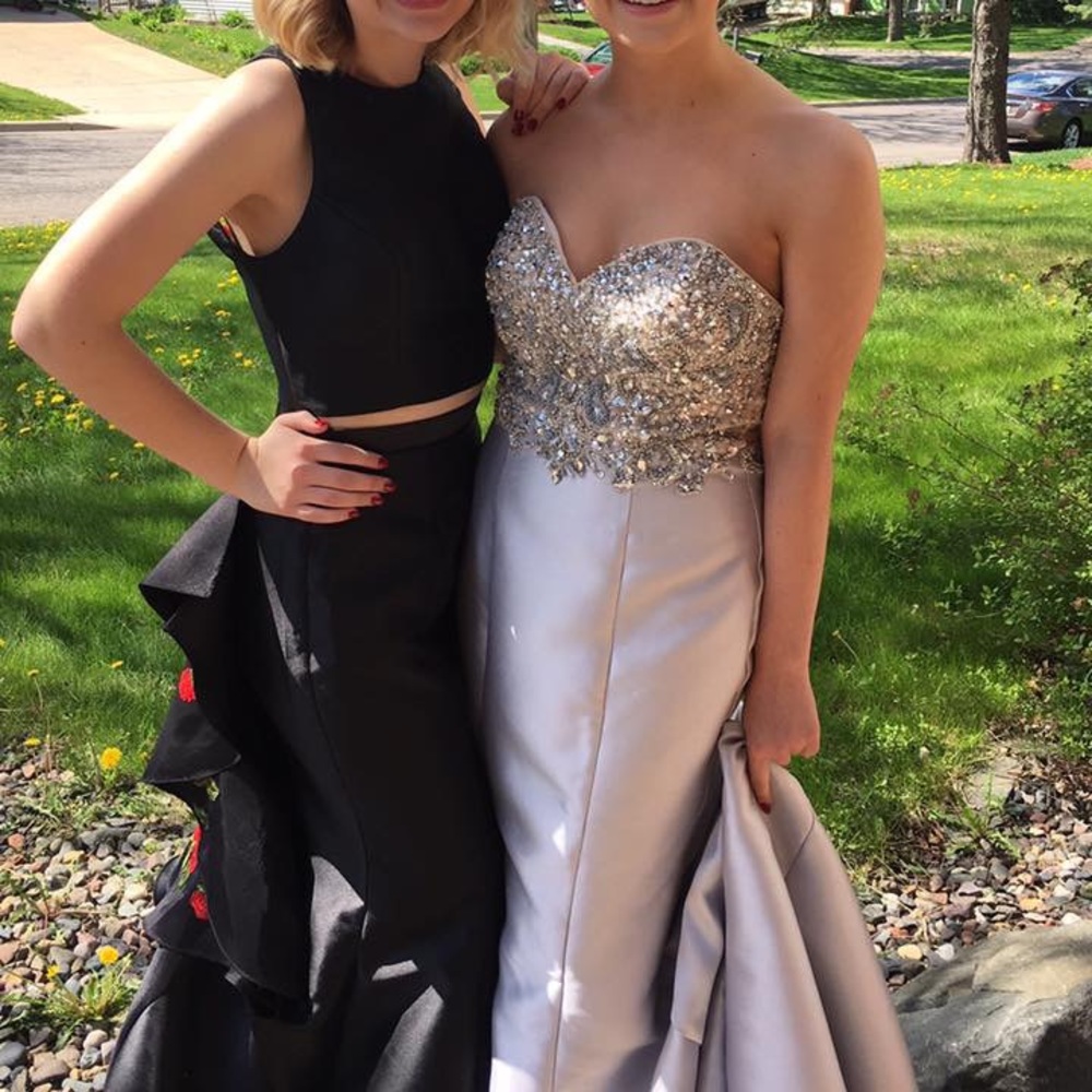 Silver jeweled prom dress